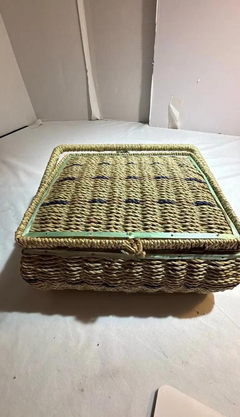 Vintage Woven Sewing Basket with Satin Lining